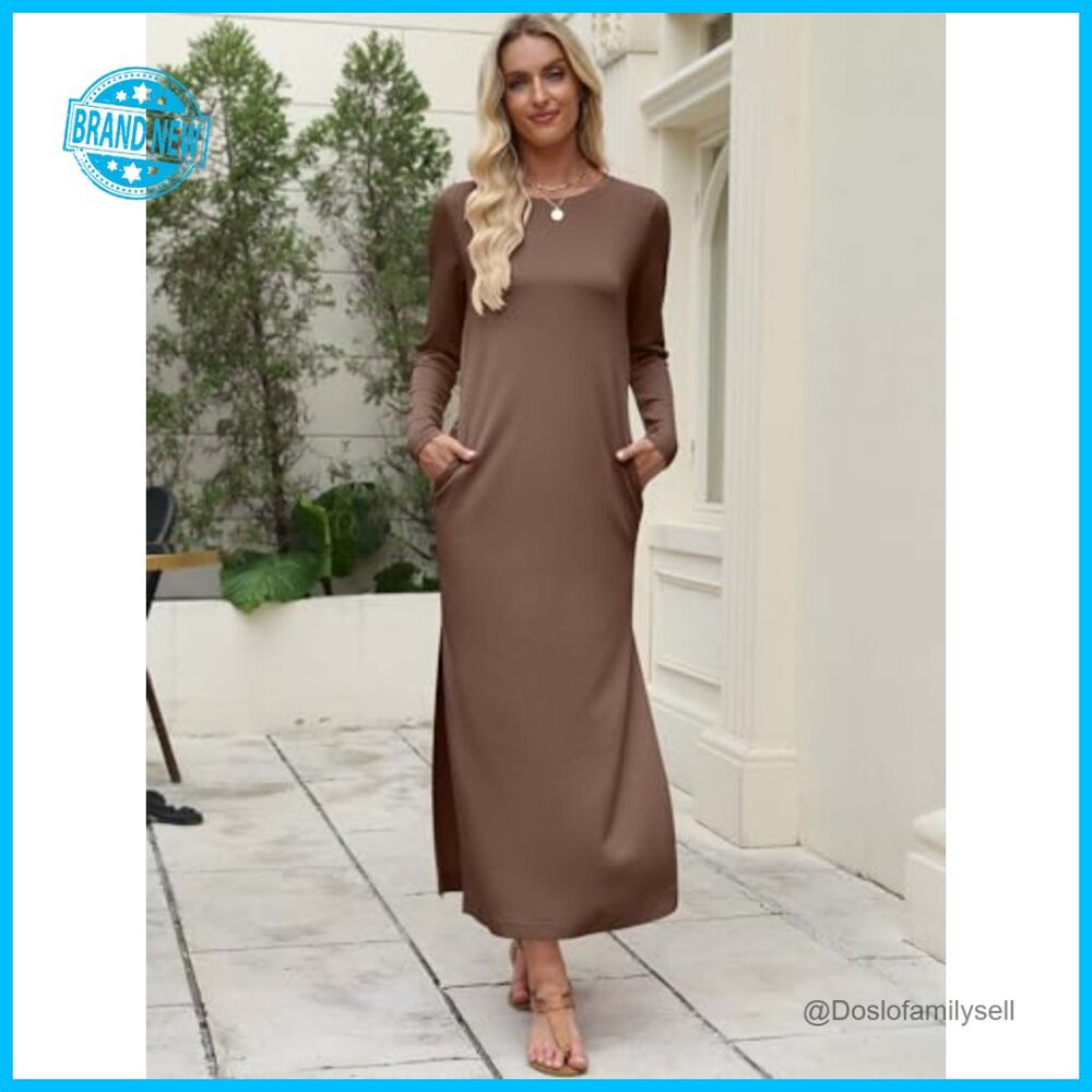 Long Sleeve Maxi Dress Casual Elegant Loose Fit Wrinkle Free Travel Wear - Picture 5 of 7